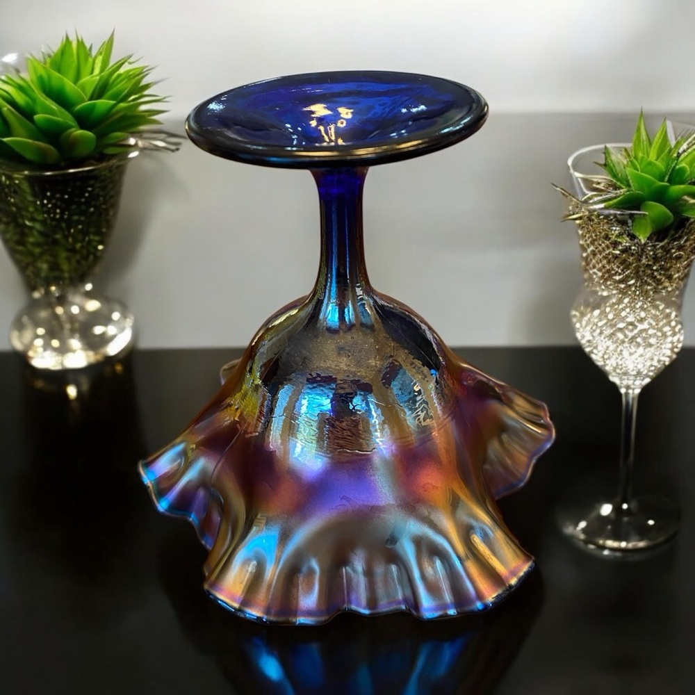 Antique Fenton Scotch Thistle Blue Carnival Glass Compote Ruffled Dish